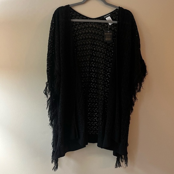 Bebe New Black Fringe One Size Crochet Open Front Cardigan Wrap Sweater BGSB - Picture 1 of 8